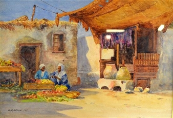 North African exterior scene with figures preparing food - D. Mappin