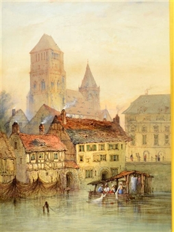 continental river scene with buildings and figures - Charles Wallace