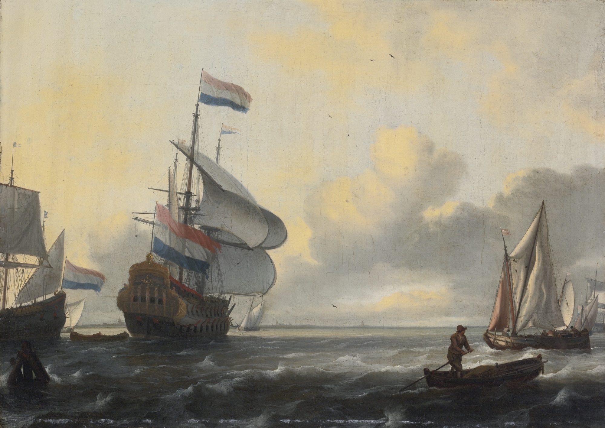 Artwork by Ludolf Backhuysen I, A TWO-DECKER, A FLUYT, A KAAG AND A WEYSCHUIT IN A STIFF BREEZE, Made of oil on canvas