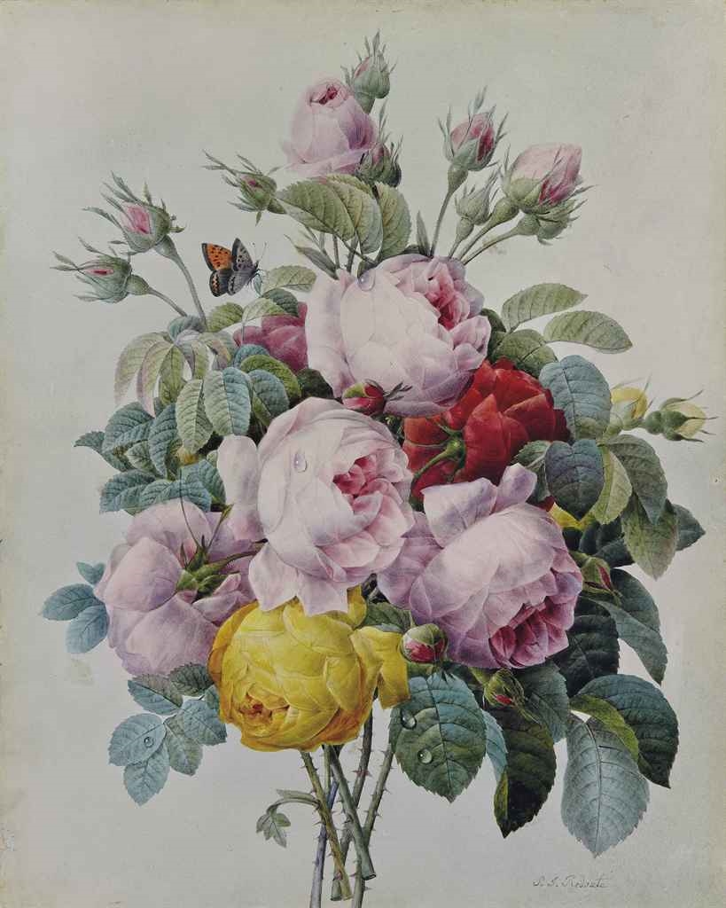 Pierre-Joseph Redoute | A bouquet of roses and rose buds, with a Small ...