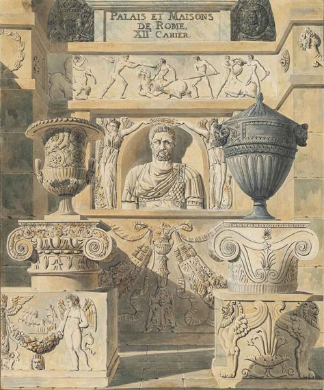 Roman reliefs, busts and urns: design for a frontispiece by Charles Percier