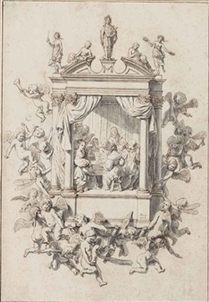 Design for a musical emblem: A chamber orchestra performing within an architectural surround, accompanied by putti, Apollo and the Muses - Jan de Bray