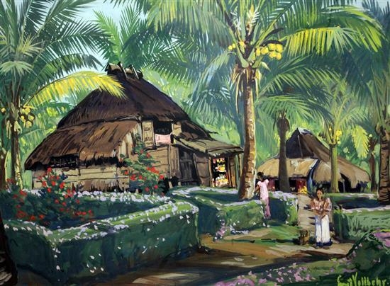A vibrant tropical scene featuring thatched huts, lush palm trees, and figures in a sunlit garden.