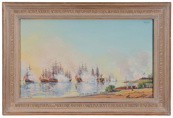 A framed historical painting depicting a naval battle scene with multiple sailing ships firing cannons on a calm waterway.