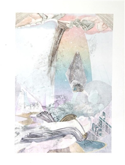 A dreamlike watercolor composition blending architectural forms with organic shapes in a soft pastel palette.
