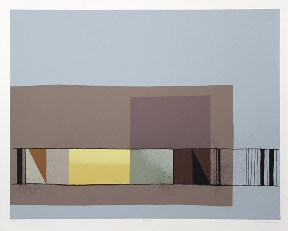 A minimalist abstract composition featuring layered geometric shapes in muted earth tones against a pale blue background.