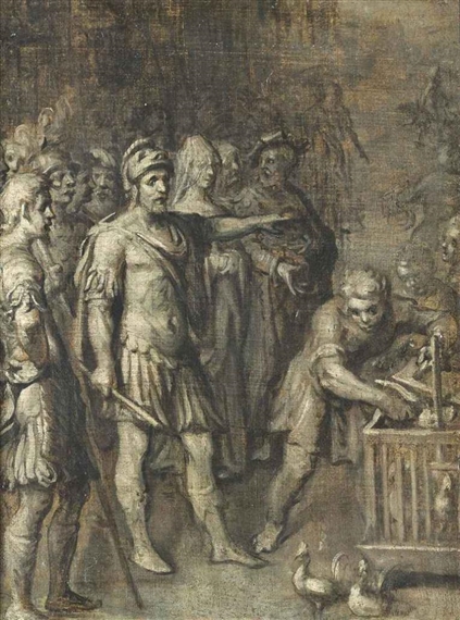 A soldier and elegantly dressed figures with a boy and poultry by Otto van Veen