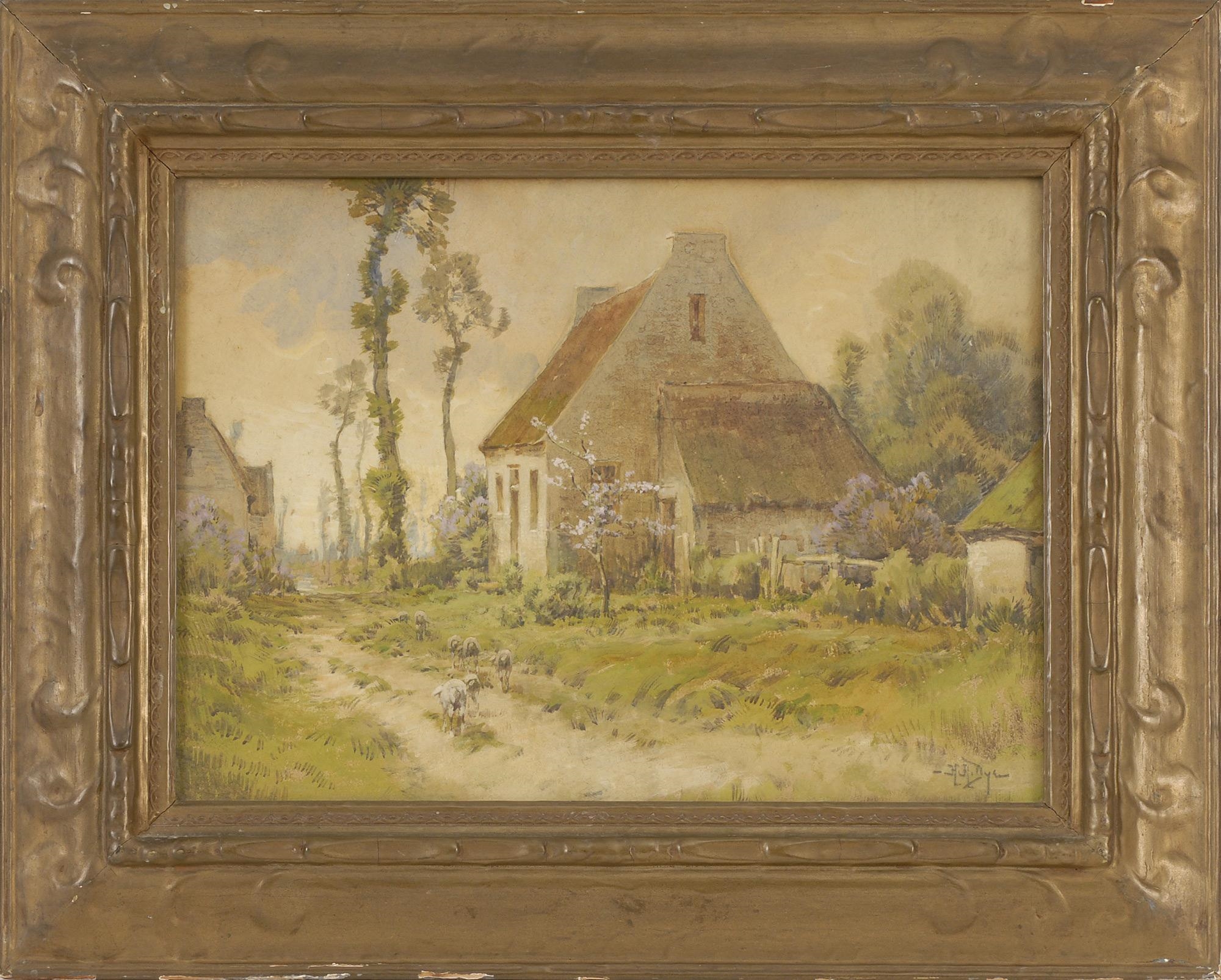 Artwork by H.D. Dyer, 2 works; A farmer and sheep; Sheep outside a cottage, Made of watercolors