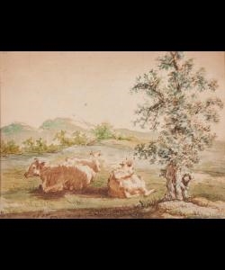 Johan Heinrich Roos | Ziegenbock und Schafe bei einem Pfeiler, mit ...