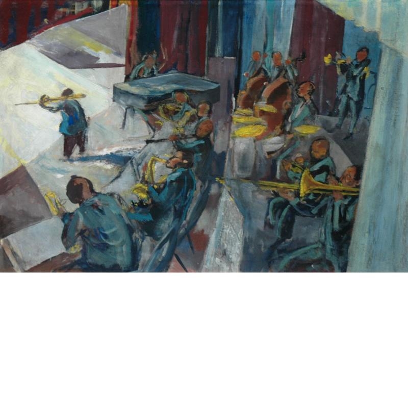Artwork by Bruce Handiside Mitchell, Jazz Orchestra from the Wings, Made of Oil on illustration board