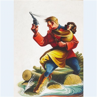 Mountie With Gun Rescuing A Young Woman For Escape Across A Logjam - Elliot Dold