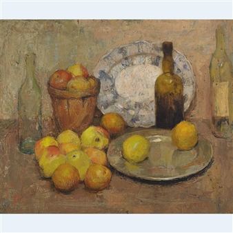 STill Life With Apples, Bottles And Plates - Judith Prest