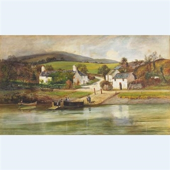 Figures Boarding A Ferry On A Village Shore - John Cuthbert Salmon