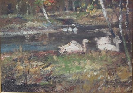 GEESE ON A WOODLAND POND by James Kay