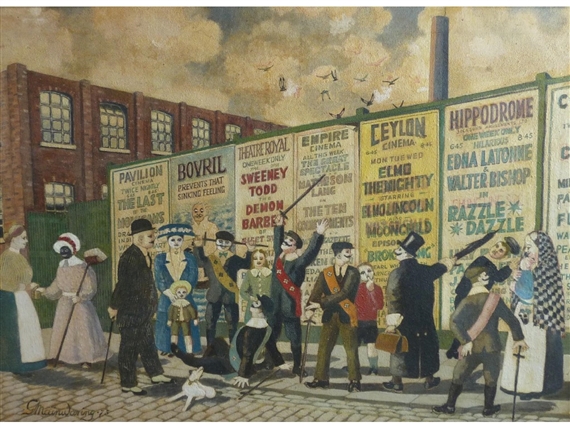 George Mainwaring | Street scene with figures in front of hoarding with ...