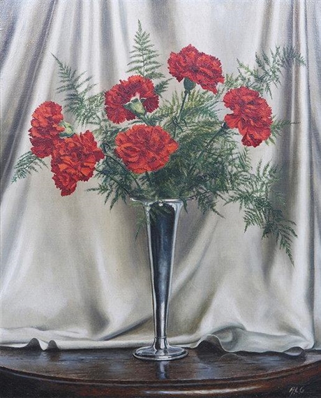 Still life - An arrangement of red carnations and ferns in a trumpet shaped vase upon a table by A.L. Grace