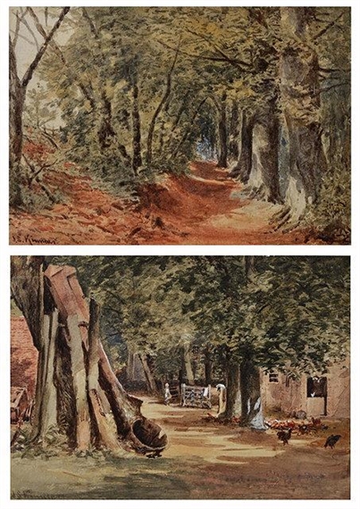 2 works; A farmyard amongst trees with feeding chickens and figure stood by gate and a wooded glade by James Scott Kinnear