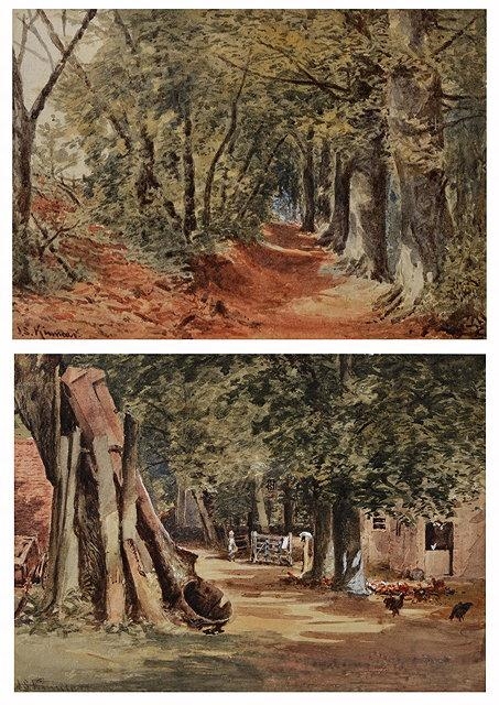 Artwork by James Scott Kinnear, 2 works; A farmyard amongst trees with feeding chickens and figure stood by gate and a wooded glade, Made of watercolours