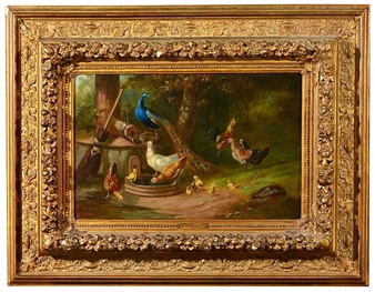 A peacock and chickens at a well head - J. Ulbert