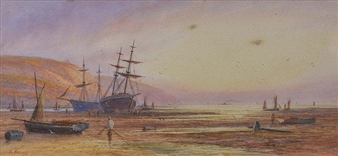Fishermen with beached sailing vessels at sunset - E. Lewis