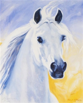 A vibrant portrait of a white horse against a blue and yellow background.