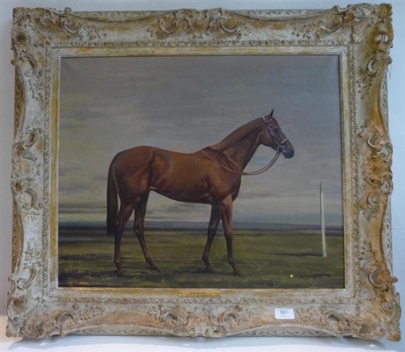 "Cashel, by Caigre of Crested Gem, 1858" - a chestnut horse standing in a landscape by Richard John Munro Dupont