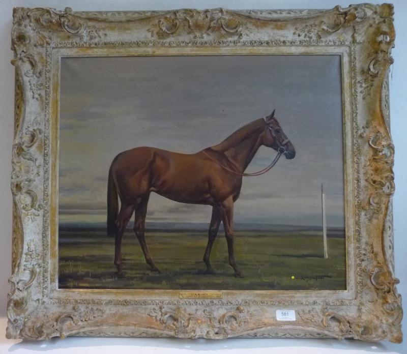 Artwork by Richard John Munro Dupont, "Cashel, by Caigre of Crested Gem, 1858" - a chestnut horse standing in a landscape, Made of Oil on canvas