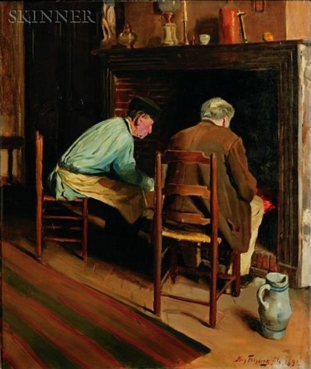 Artwork by Nils Forsberg, Warming by the Fire, Made of Oil on canvas