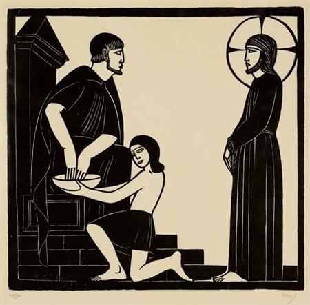 CHRIST AND THE MONEY-CHANGERS; CHRIST AND THE MONEY CHANGERS; JESUS BEFORE PILATE; GOOD SHEPHERD (P. 152; 153; 190; 397) by Eric Gill, 1919; 1921; 1926