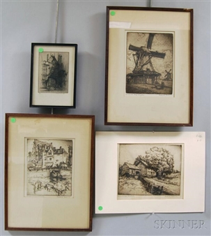4 Works: Windmills Koog aan de Zaan; Old Grimburg Amsterdam; Calvin Coolidge Homestead; La Grosse Horloge à Rouen - Caroline Helena Armington