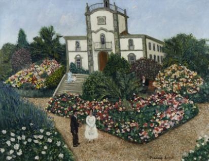 Vista de casa com jardim e figuras by Francis Smith