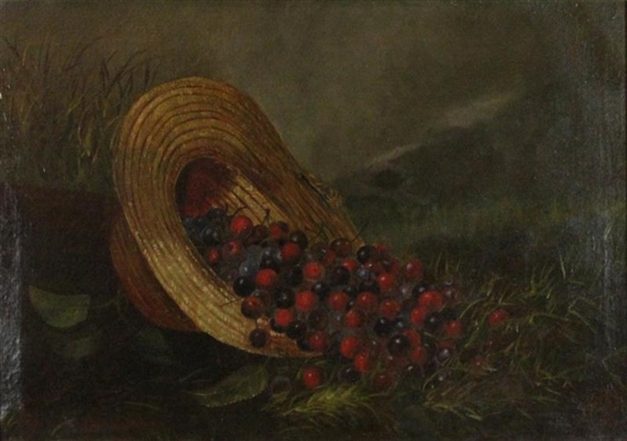 STRAW HAT WITH CHERRIES by American School, 19th Century, 19th Century