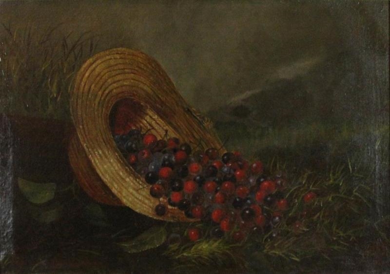 Artwork by American School, 19th Century, STRAW HAT WITH CHERRIES, Made of Oil on canvas