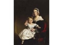 A formal portrait of a seated woman holding a young child in a white dress.