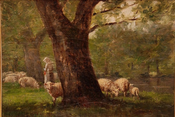 Wooded landscape with figure and sheep by Clark Crum