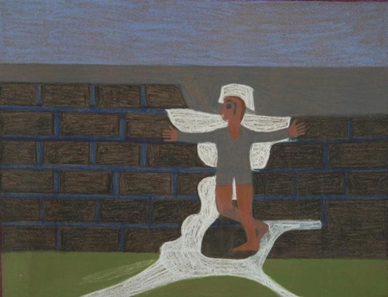 Artwork by Eddie Arning, Angel and Stone Wall, Made of Crayon on paper