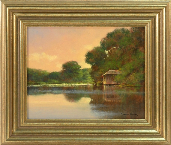 A serene landscape painting of a wooden shed beside a calm river at sunset.