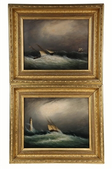 Two Views of Sailing Ships Being Swamped in Storms - Clement Drew