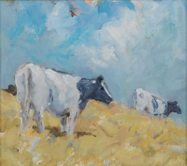 Artwork by Michael Wilson, A PAIR: CATTLE ON A WARM  SUNNY DAY, Made of Oil on Board