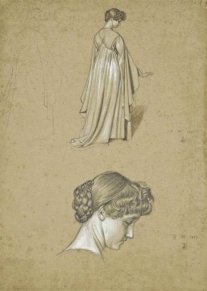 Study of a standing female observed from behind and a study of the head of a lady by Joseph Edward Southall, 1887