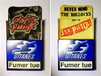 Classic Album Covers Painted on Empty Cigarette Packs