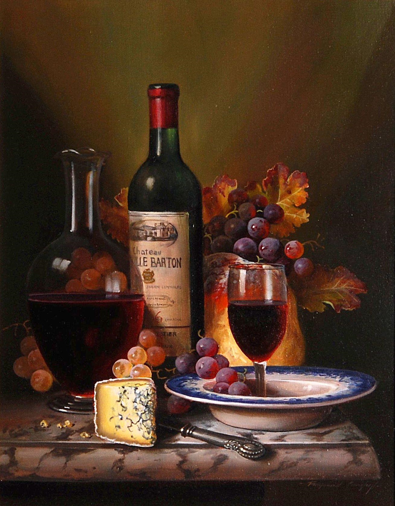 Raymond Campbell | Still life of wine, fruit and cheese | MutualArt