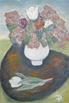 A still life painting of a white vase filled with colorful flowers resting on a dark, rounded surface.
