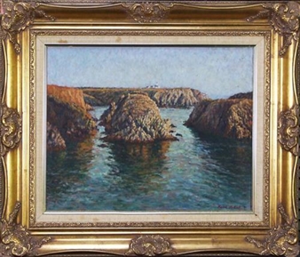 A framed oil painting of a rocky coastal inlet with calm water and distant cliffs.