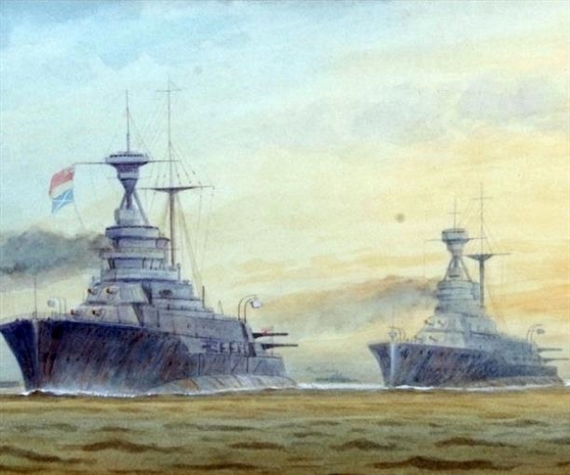 HMS Royal Sovereign with the Channel Fleet by Alma Claude Burlton Cull, 1917