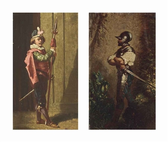 Portrait of a soldier in a red cape, holding a spear in an interior; and a soldier in a suit of armour - A. Vermeulen