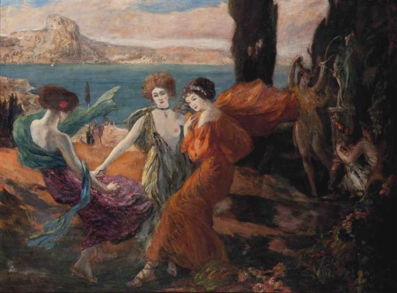 A classical idyll before an island, possibly Capri by Clovis Cazes
