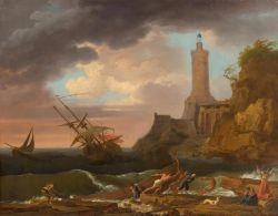 Vue de côte rocheuse avec phare: naufrage by Claude-Joseph Vernet, 1745