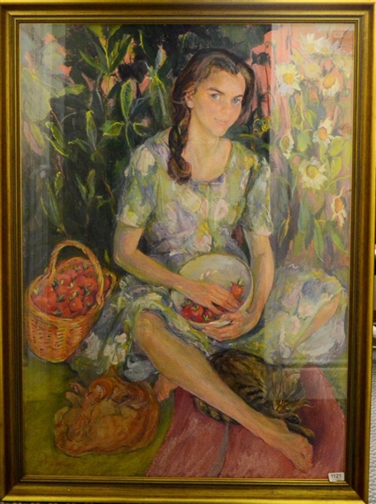 Portrait of the artist's daughter holding a bowl of strawberries by Josephine Graham