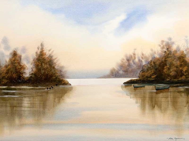 Artwork by Johan Maneveldt, Lakescape, Made of watercolour